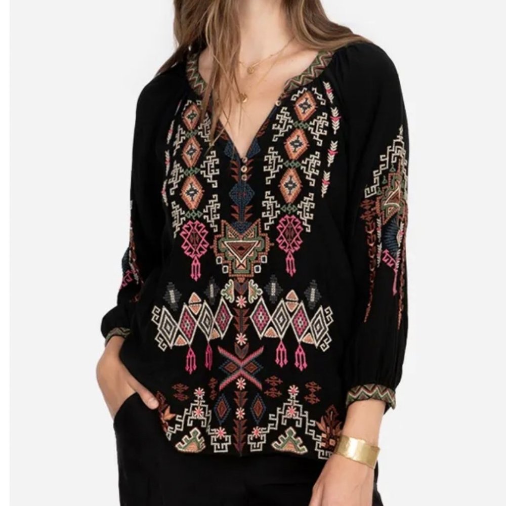 Embroidered Black Boho Peasant Top - Women's